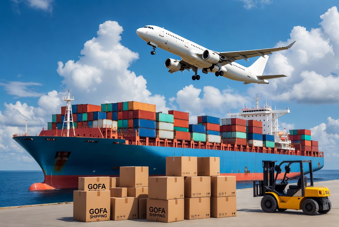 GOFA Shipping - cargo plane, container ship, and GOFA boxes at port